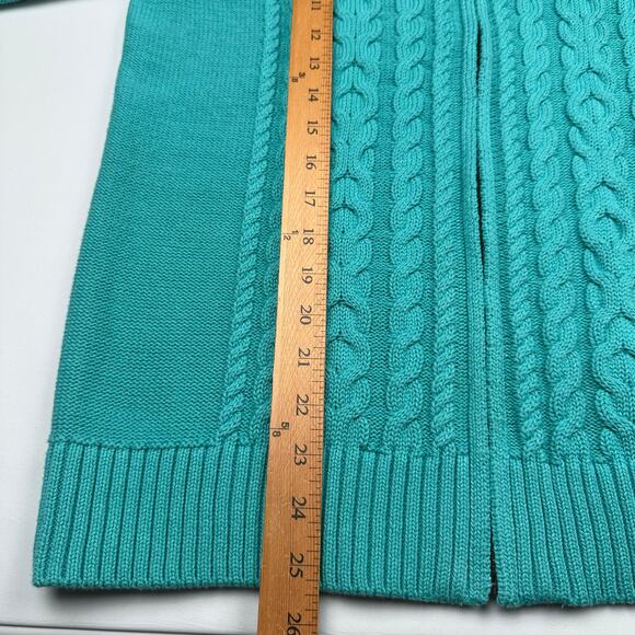 LL Bean Sweater Womens Large Teal Cable Knit Full Zip Cardigan Fisherman Cotton - Picture 12 of 14